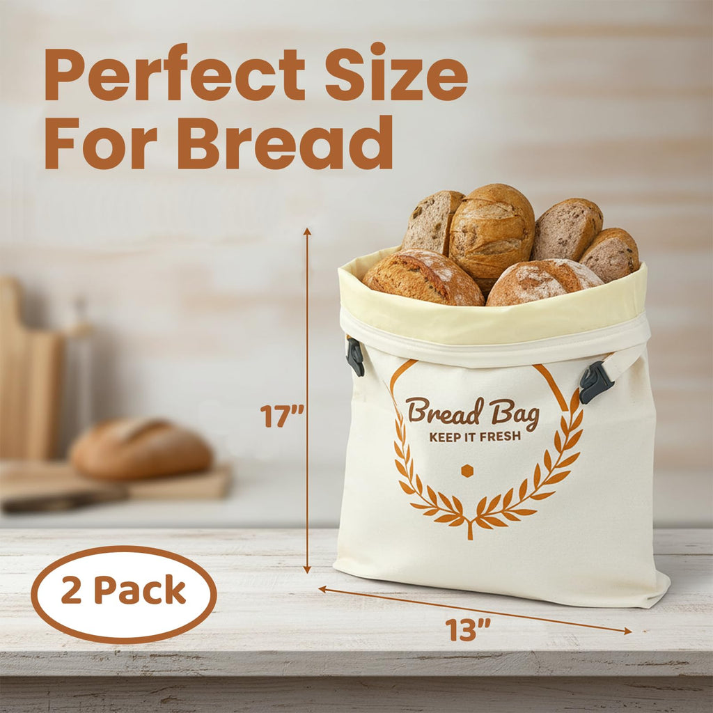PIPI&TITI Reusable Beeswax Bread Bags for Homemade Bread (2-packs),Zippered Bread Bag for Sourdough Bread Storage,17x12.6 inches Food Storage,Portable Beeswax Cotton Bag,Freezer Friendly