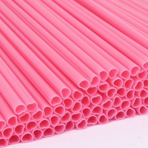 120PCS Tomnk Pink Heart Shaped Straws, 8.3" Long Disposable Cute Plastic Straws for Valentines Day, Cocktail, Birthday Party, Bridal Shower, Wedding Decorations