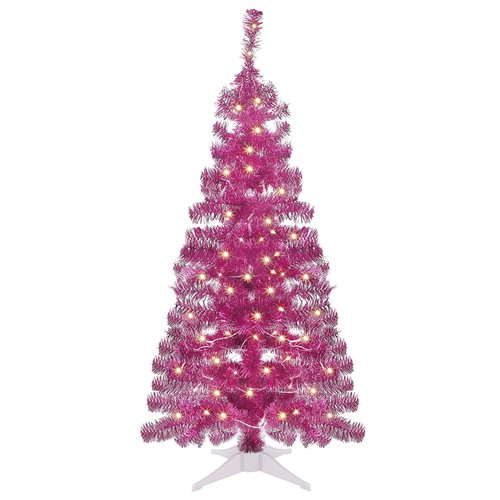 Juegoal Pink Artificial Tree, 4 FT Pre-lit Christmas Tree, Lighted Tinsel Pencil Pine Spruce Trees with Warm White Lights, 8 Lighting Mode Battery Powered for Xmas Holiday Winter Home Party Decor