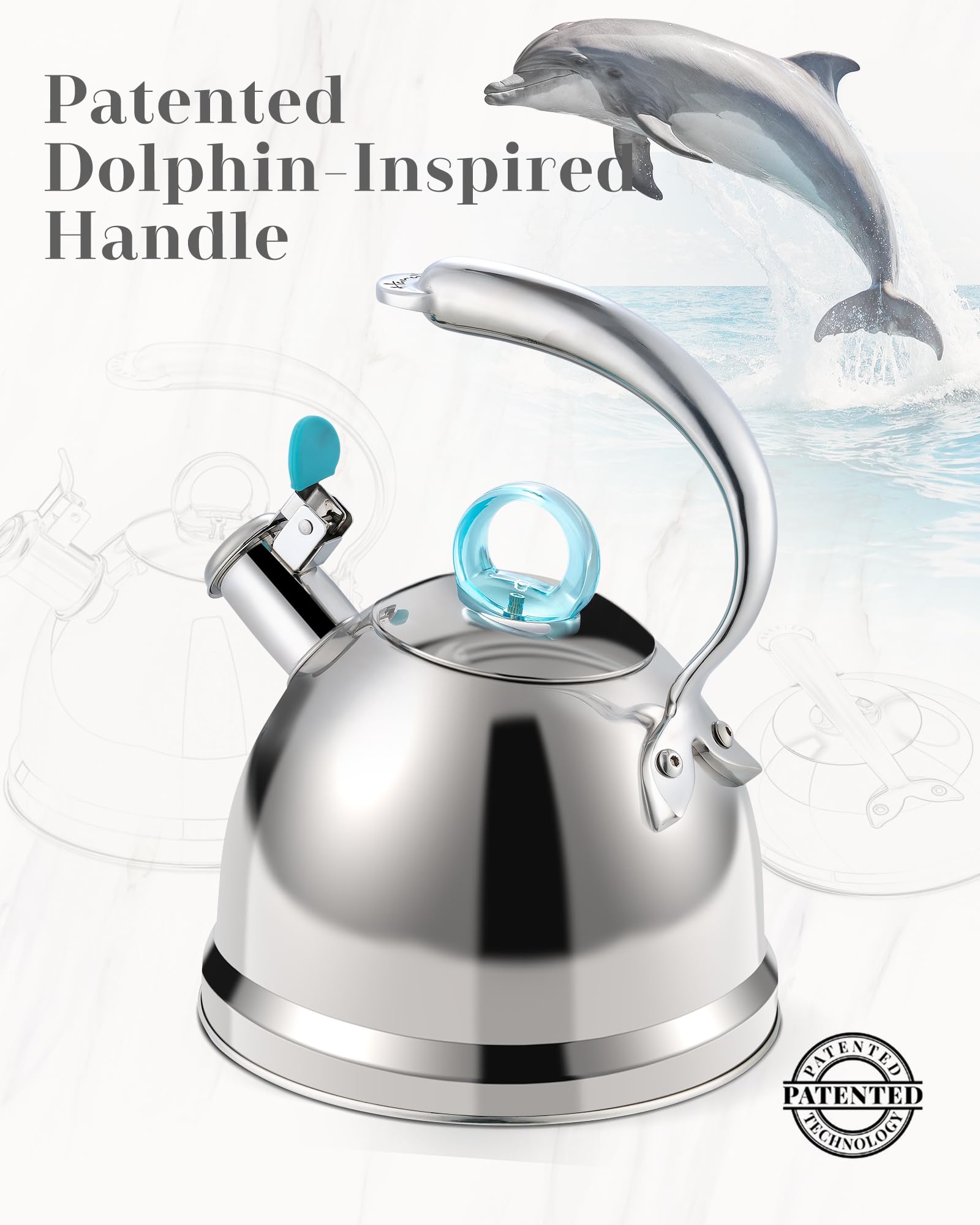 Harriet Tea Kettle Stovetop, 2.5 Quart Whistling Stainless Steel Tea Pot, 3-Layer Base, Unique Ergonomic Handle, Includes Pot Holder & Mat, Electric/Induction/Gas Stovetops Applicable, Mirror Finish