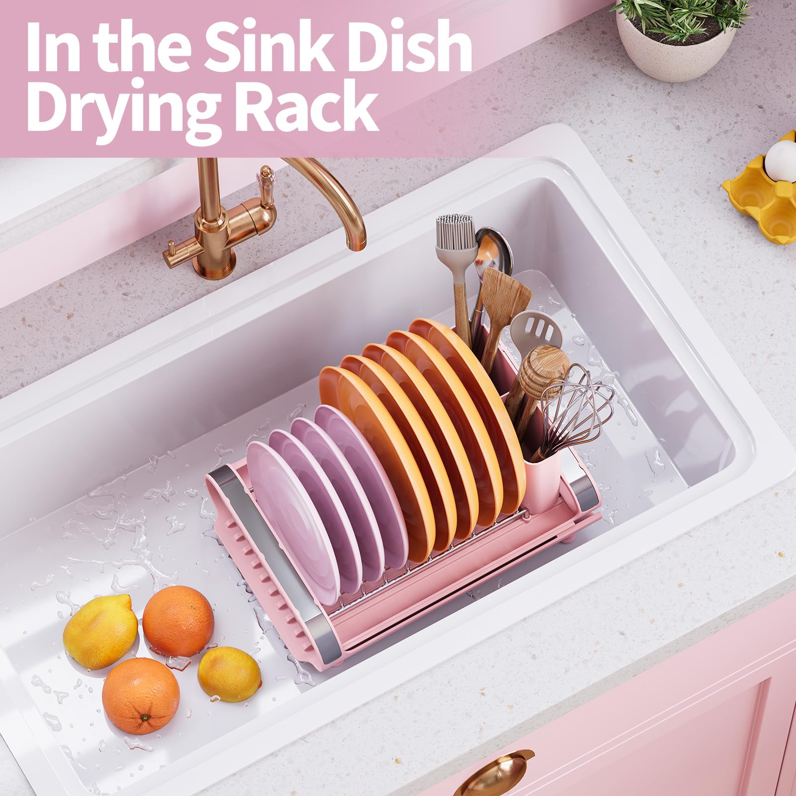 TOOLF Small Dish Drying Rack, Mini Expandable Compact Dish Rack, Slim Extendable Stainless Steel Dish Drainer for Kitchen Plate Storage, Space Saving Dish Strainer in Sink or on Home Countertop, Pink
