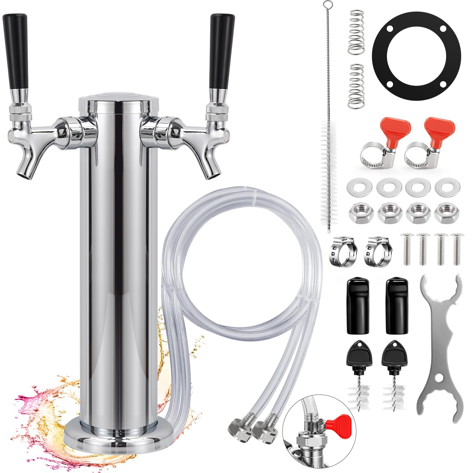 Dual Beer Tap Tower Dispenser with 1/4" Barb Fitting, Draft Kegerator Tap Tower Keg Tower Stainless Brass Core Self-Closing Beer Faucet Brewing Tower Dispenser with Pre-assembled Lines Kit