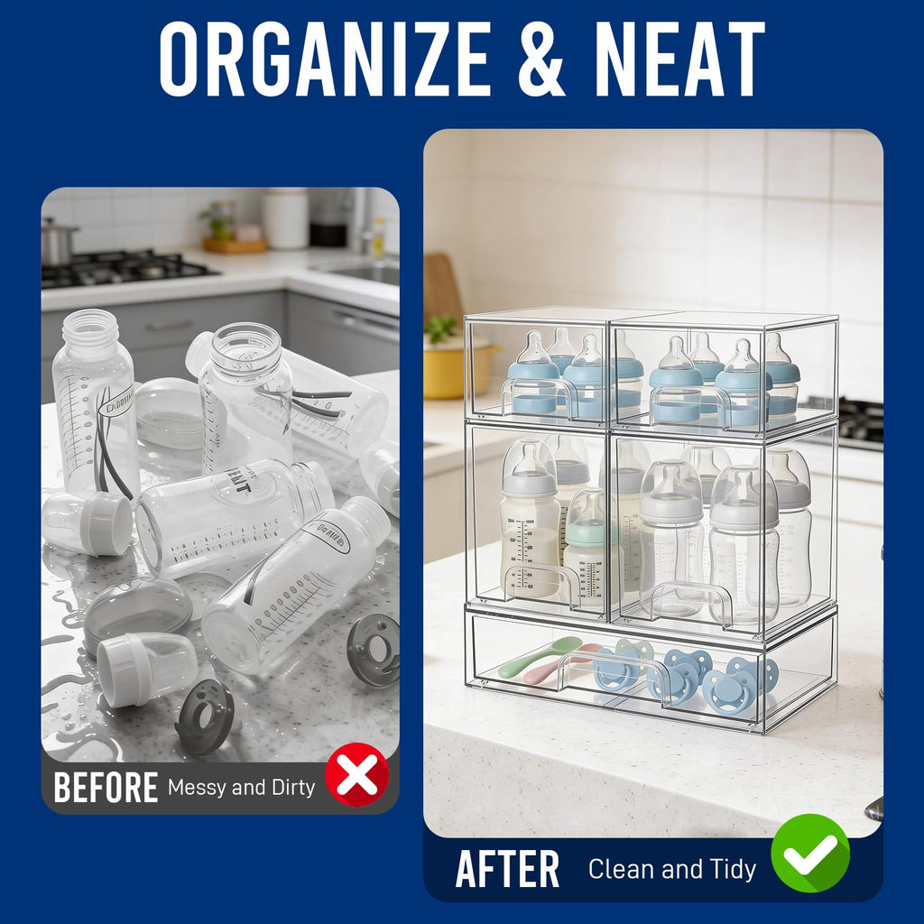 Baby Bottle Organizer Stackable, Acrylic Storage Drawers 5 pack with Non-Slip Pads, Pull-Out Drawers for Baby Bottle, Pump Parts, Pantry, Vanity Countertop (4.4" and 7.6" Tall and 12.1" Wide)