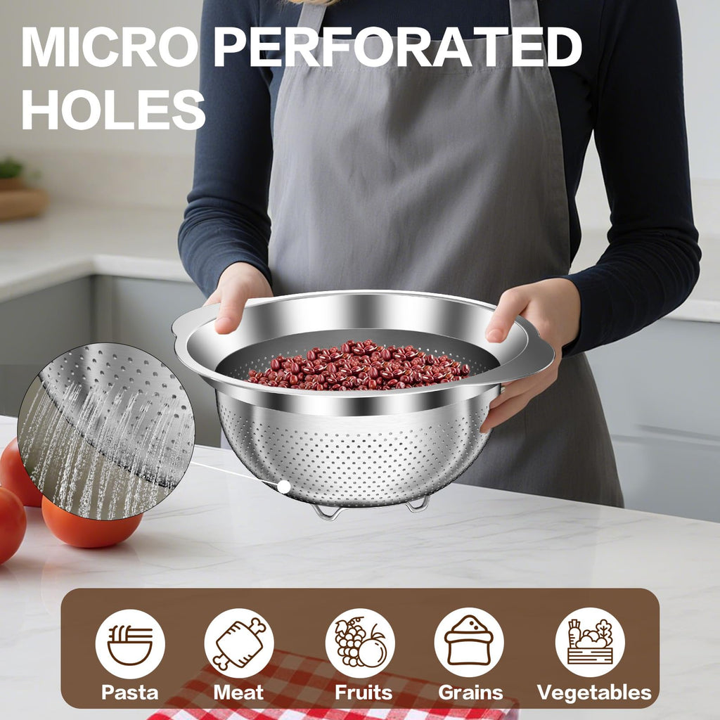 Stainless Steel Colander for Kitchen, Stainless Steel Strainer, Pasta Strainer for Spaghetti Fruit Cooking Food, 3 Pcs Strainers and Colanders(2QT, 3QT, 5QT), Dishwasher Safe, Kitchen Present