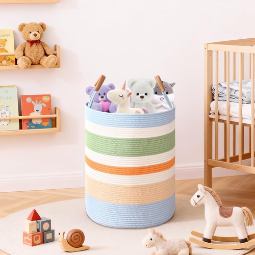 Degeyoyo 60L Striped Laundry Basket, Rainbow Laundry Hamper with Leather Handles, Woven Cotton Rope Storage Bin for Blankets, Nursery Hamper for Clothes, Toys In Bathroom, Livingroom, Bedroom