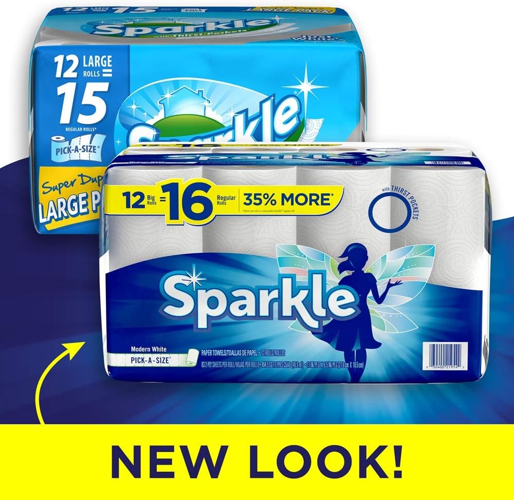 Sparkle Paper Towels - 12 Regular Rolls (16 Pick-a-Size) | Modern White for Easy Cleanup