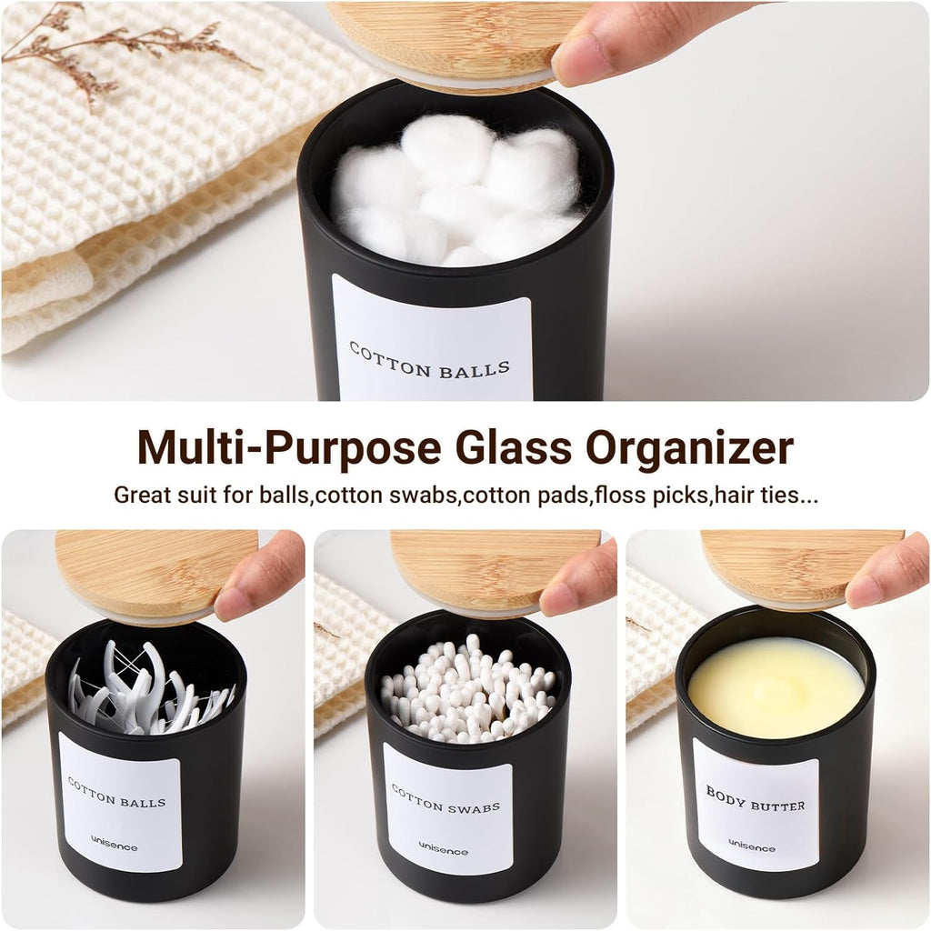 Skiennix Glass Qtip Holder Set - 2 Pack Bathroom Organizer with Lid for Cotton Swabs & Makeup | Black