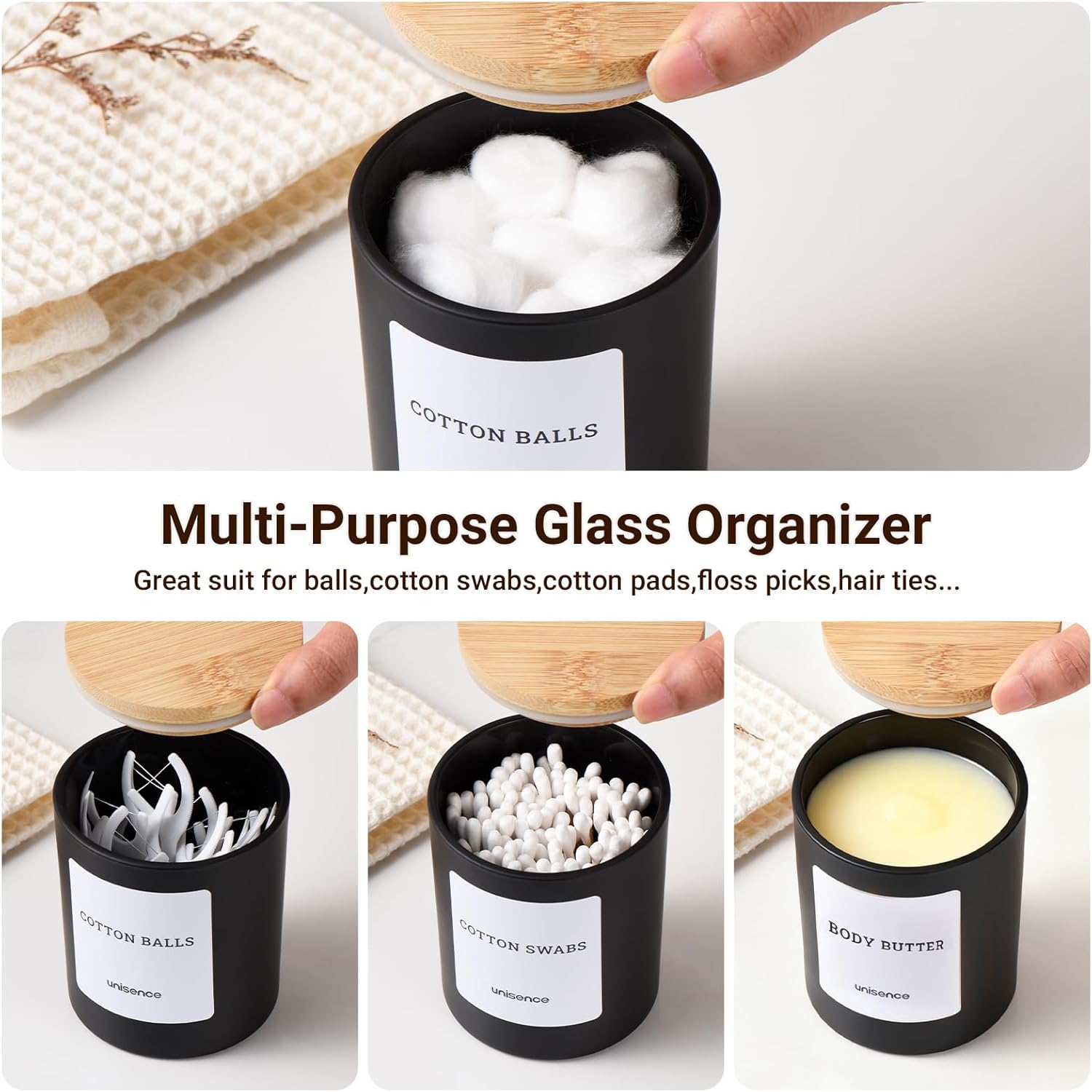 Skiennix Glass Qtip Holder Set - 2 Pack Bathroom Organizer with Lid for Cotton Swabs & Makeup | Black