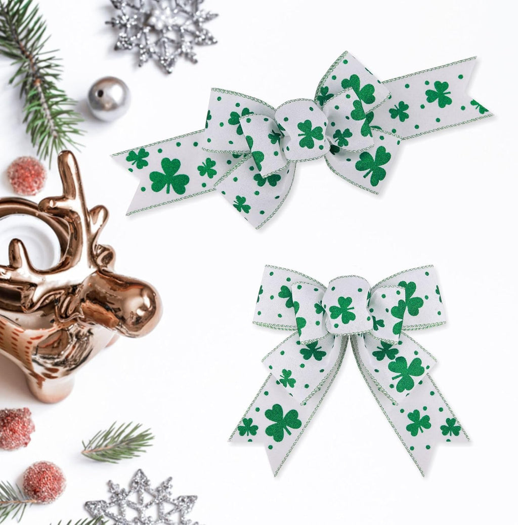 Meseey St. Patrick's Day Bow Wreath Decoration - Reusable Green & White Shamrock Bows for Home Decor | 2 Pcs Set