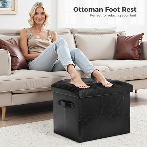 FaiPue Storage Ottoman Footrest Stool. Foldable Oil Waxed Leather Footstool with Thicker Foam Padded Seat. Small Ottoman with Storage Bench for Living Room Bedroom 350 lbs, 17x13x13in, Black.
