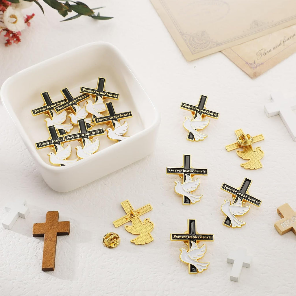 Misdary Memorial Dove Cross Lapel Pins - Bulk Funeral Favors for Guests | Forever in Our Hearts