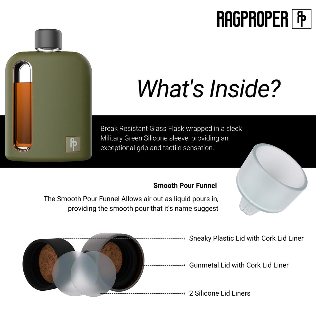 Ragproper Modern Glass Hip Flask for Men | Cork & Silicone Lid Liners | Firm Grip | Curved Edges | Durable Silicone Covered Flask for Whiskey | Liquor | Sprits | 100ml Single+ 240ml Double | Green