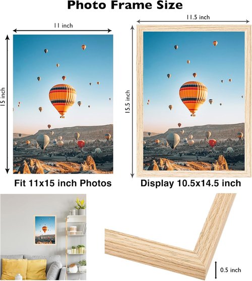 JCJMY 11x15 Picture Frame - Versatile Wall Mounting for Horizontal or Vertical Display | Shatter-Resistant Plexiglass, Natural Finish
