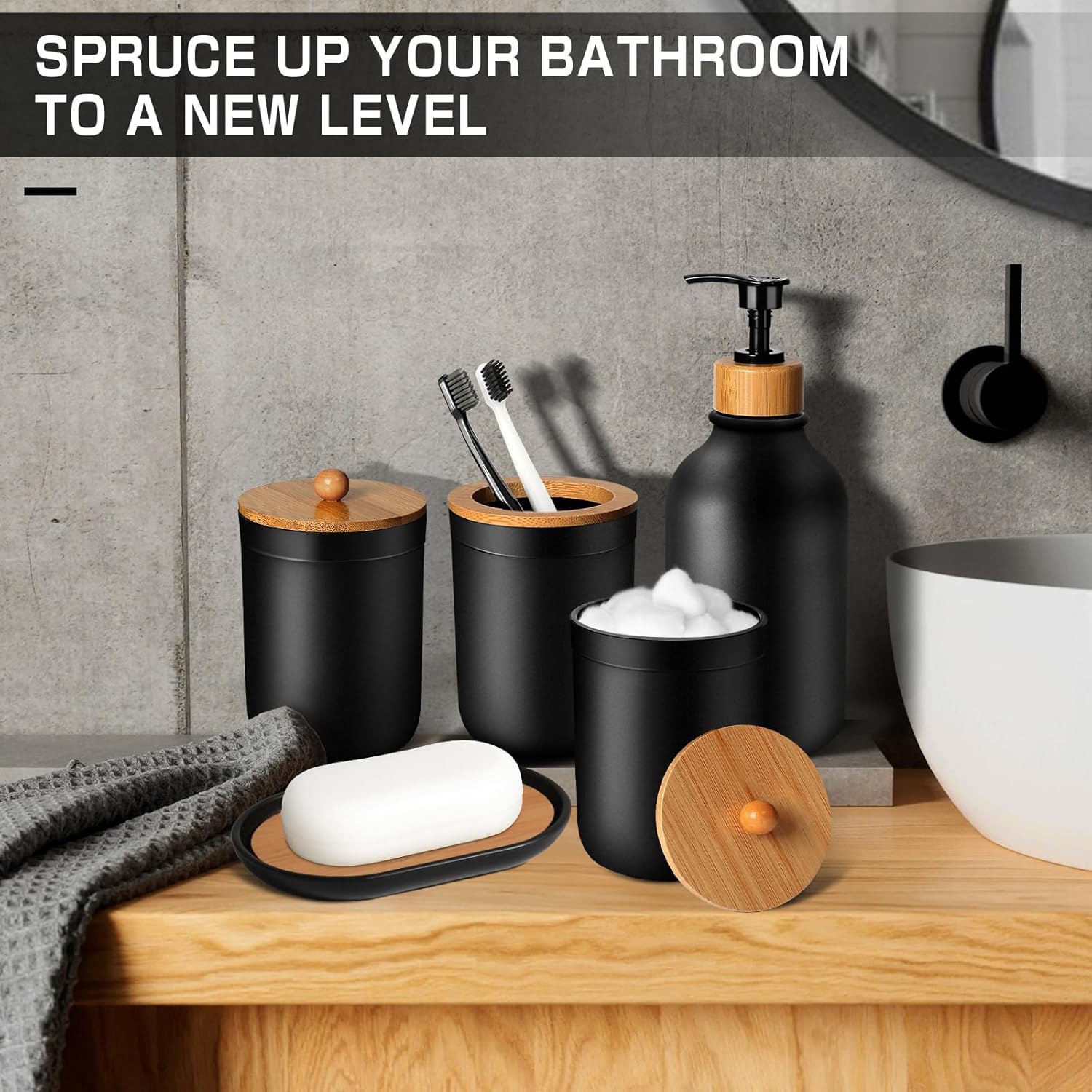 Matte Black Bathroom Accessories Set by [Brand Name] - 5-Piece Plastic Set with Soap Dispenser, Toothbrush Holder & More