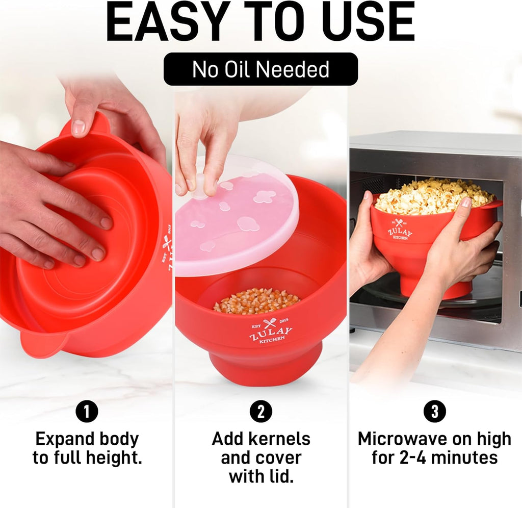 Zulay Microwave Popcorn Popper Bowl - Collapsible, BPA-Free Silicone, Dishwasher Safe - Red