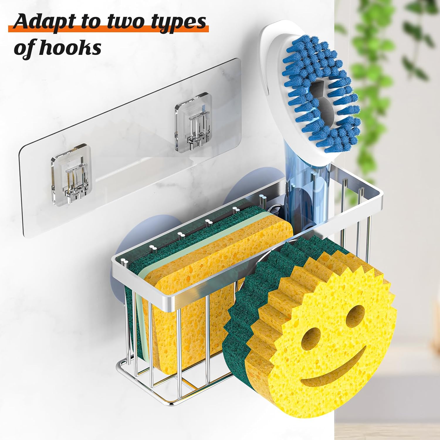 MURLONG Sponge Holder - Smiley Face Sink Caddy with 2 Suction Cups & Adhesive Strips | Silver