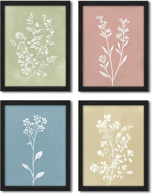 JIMUJIA 4-Piece Minimalist Plant Wall Art Set - Modern White Plant Designs on Soft Backgrounds | 12x16 Inch Frames for Home Décor