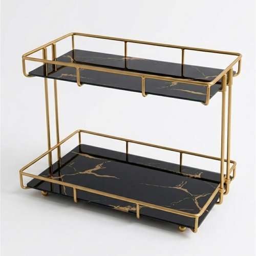 Léazora 2-Tier White Marble Bathroom Countertop Organizer – Glass Shelves & Gold Metal Frame, Elegant Vanity Storage Shelf for Perfume, Skincare, Makeup & Toiletries