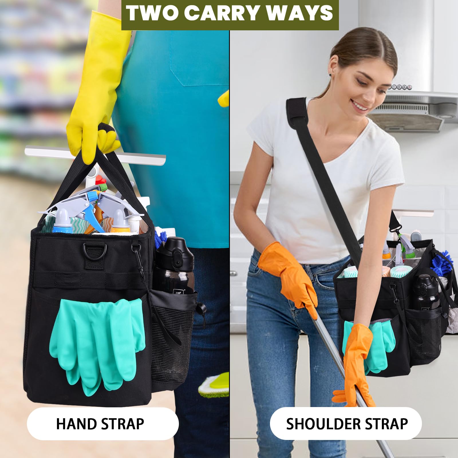 Timoxi Large Wearable Cleaning Caddy Bag with Detachable Divider, Cleaning Organizer with Handles, Cleaning Supply Tote with Adjustable Shoulder Strap&Waist Belt for Cleaners & Housekeeper (Black)