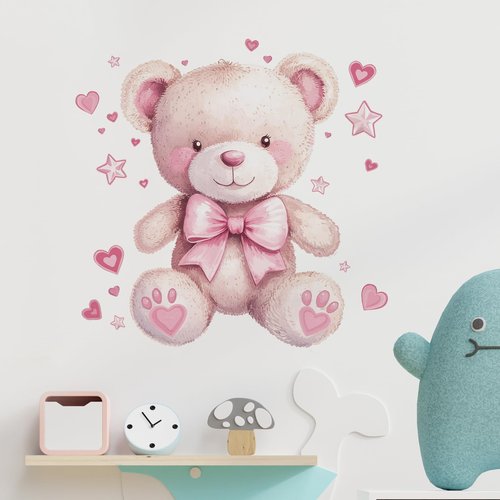 RoyoLam Cute Pink Teddy Bear Doll Wall Stickers Nursery Wall Decals for Kid Girl Baby Removable Peel and Stick Wall Art Home Decor Decoration for Classroom Preschool Living Room Bedroom