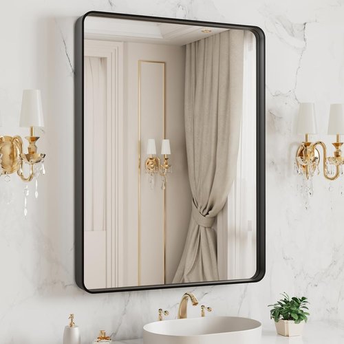 LOAAO Black Metal Framed Bathroom Mirror - 20x16 Inch Matte Black Rounded Rectangle | Anti-Rust, Versatile Hanging Options