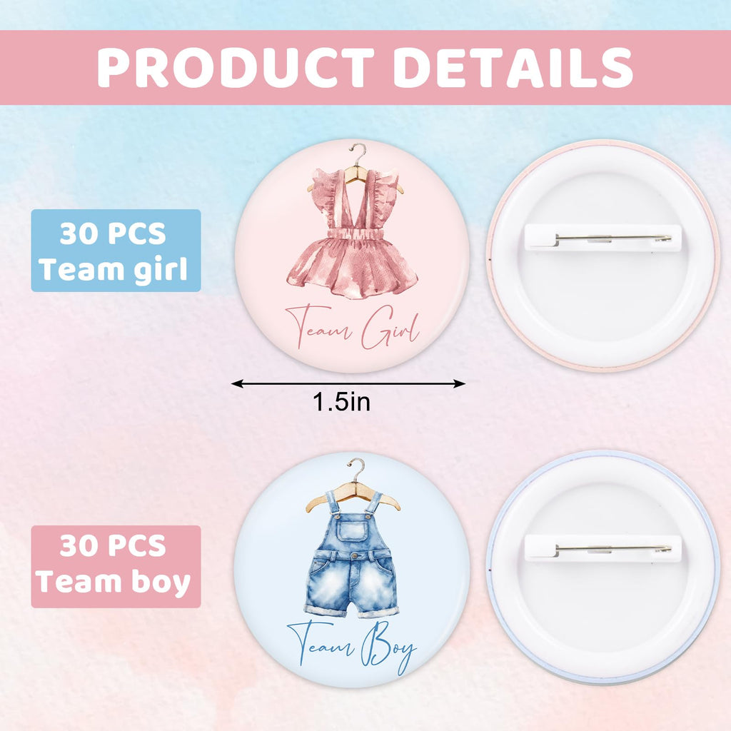 Whaline 60Pcs Gender Reveal Button Pins Blue Pink Baby Clothes Team Boy or Girl Button Badges for Birthday Baby Shower Party Game Supplies