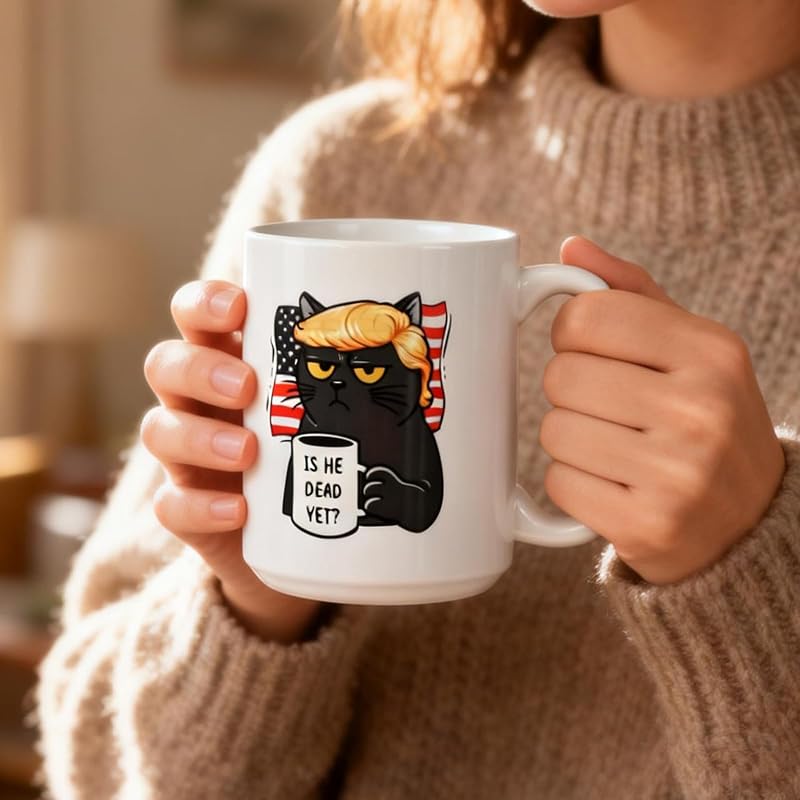 Is He Dead Yet Coffee Mug - 15 oz Ceramic FDT Cup, Black Cat Gift for Liberal Coworkers