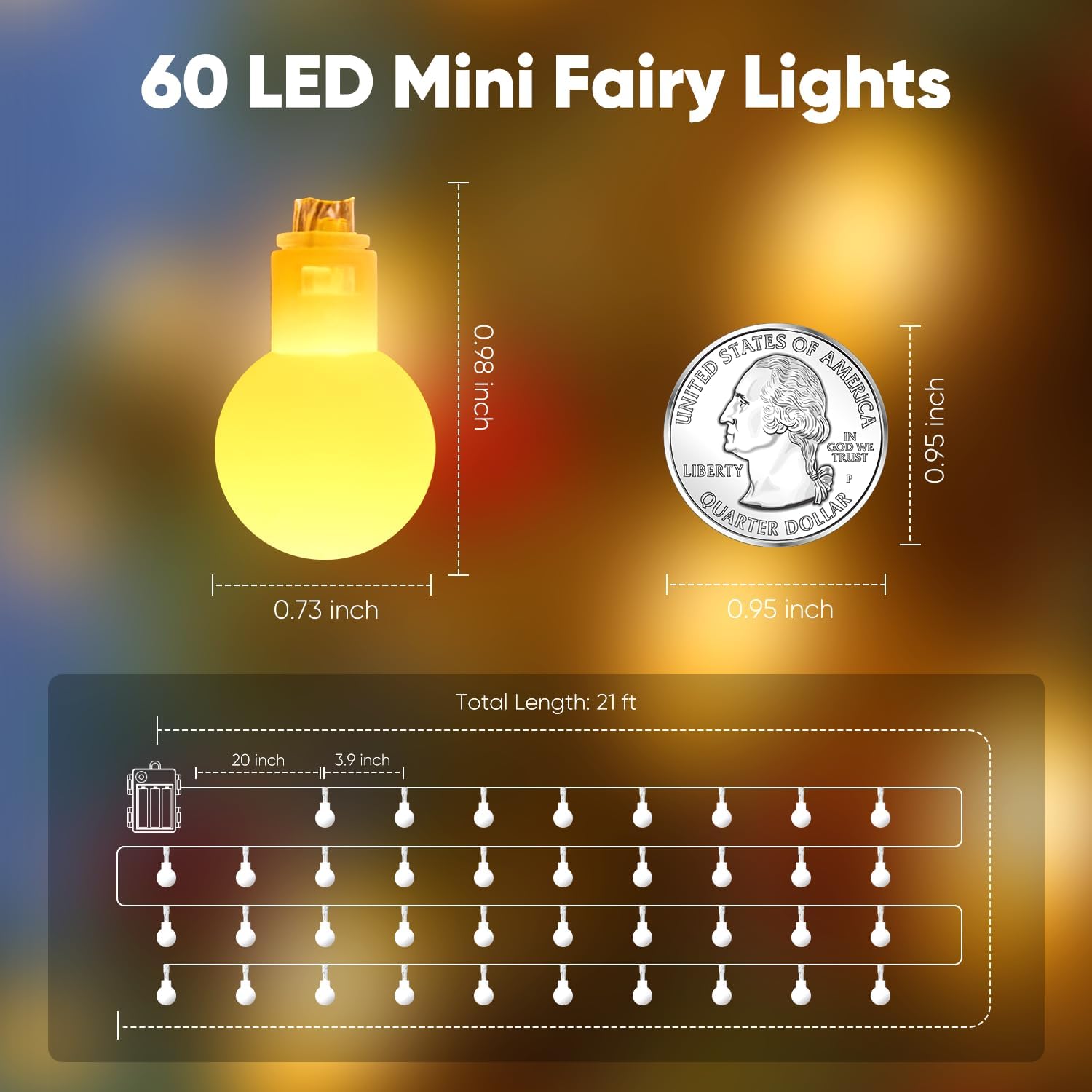 Minetom 21FT Battery Operated String Lights - 60 LED Waterproof Globe Fairy Lights with Remote | Warm White for Indoor & Outdoor Decor