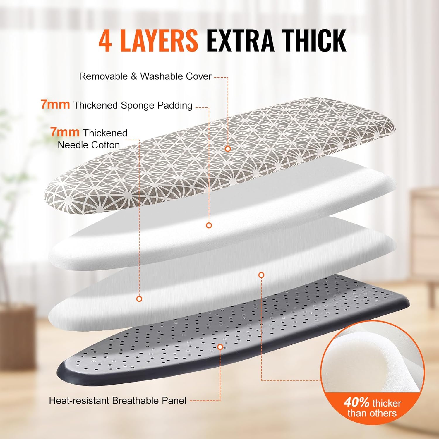 VEVOR Ironing Board - Large 43 x 13 Inch Surface | 7 Adjustable Heights & Heat Resistant Cover