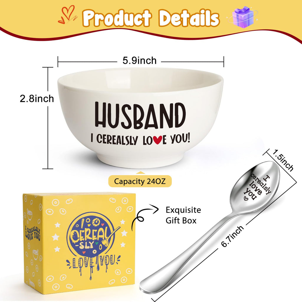 Husband Gifts from Wife, Valentines Day Gifts for Him Husband, Ceramic Bowl & Spoon Set for Cereal, Ramen, Soup, Ice Cream, Salad, Fruit - Perfect for Birthday Christmas Valentines Wedding Anniversary