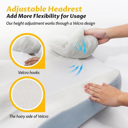 Ergonomic S Curve Reading Pillow for Sitting in Bed Adult- Back Pillow for Bed Sitting up with Adjustable Headrest- Memory Foam White, Blue