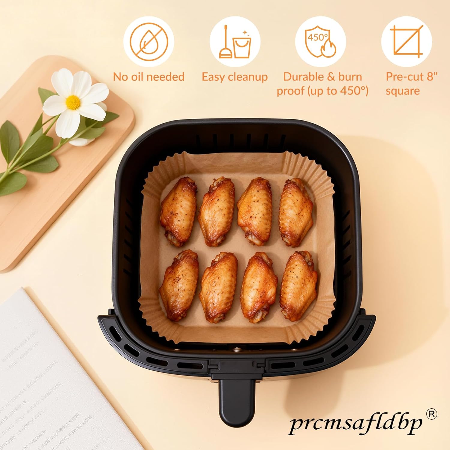 Air Fryer Liners - 125 Pcs Non-Stick Disposable Square Liners | 8 Inch, Heat Resistant Up to 450°F