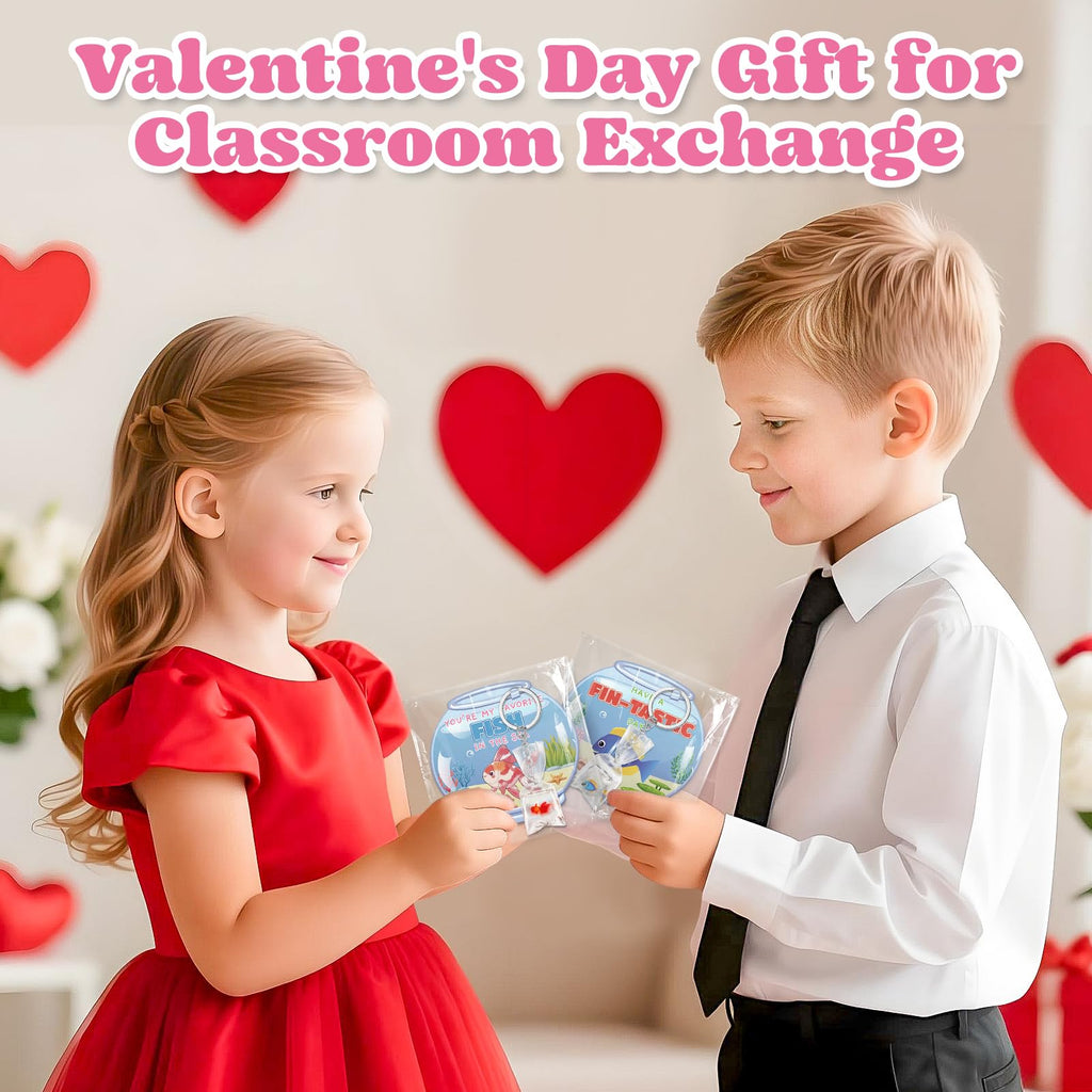 Valentines Day Cards for Kids School, 24 Pack Valentine's Day Gifts for Kids with Resin Fish Charms Classroom Exchange Gifts, 3D Fish Water Bag Charms Valentine Party Favors Prizes for Boys & Girls