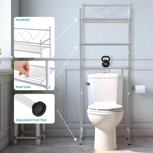 Home Zone Living Over-The-Toilet Bathroom Storage Organizer with 3-Tier Shelves and Adjustable Feet, Freestanding Steel Frame Design, White