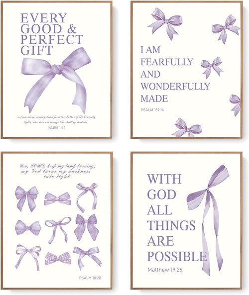 LARTSFRO Coquette Purple Bow Wall Art Decor - Inspirational Bible Verses | Set of 4 Unframed 10x8 Inch Prints for Teen Girls' Rooms