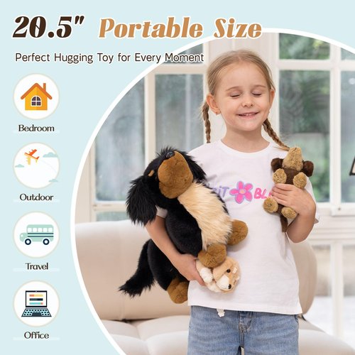 MorisMos Dachshund Stuffed Animal Plush Toys, 20'' Realistic Long Haired Dachshund Toys Gift for Kid Toddler Women, Mama Puppy Surprise with Baby Dog Stuffed Animals,Cuddle Black Weiner Dog Pillow