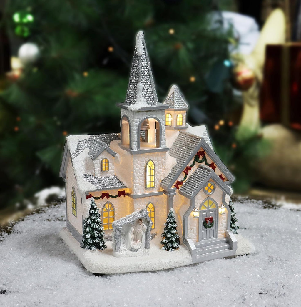 Moments In Time Lighted Musical Church - 11.7” Hand-Painted Christmas Village House | LED Décor Gift