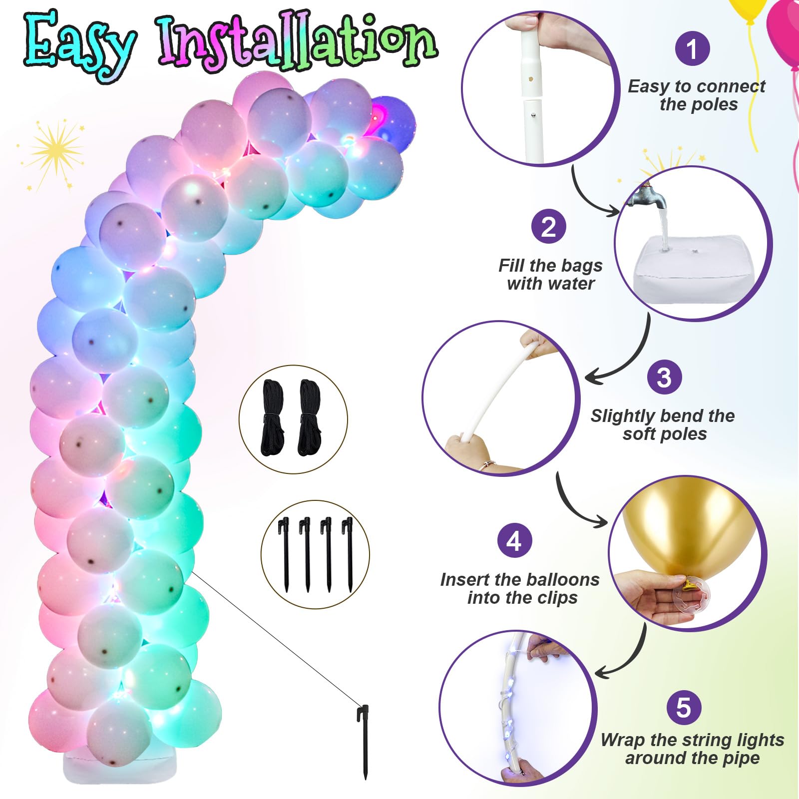 AerWo Lighted Balloon Arch Kit 8.2FT & 6FT, Free Bending Top Half Balloon Arch Stand with Base, Floor Frame for Wedding Birthday Party Baby Shower Yard Lawn Home Christmas Decorations