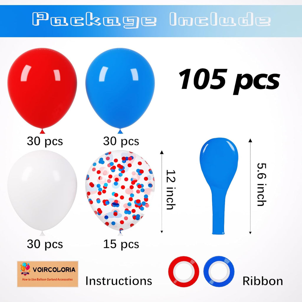 Voircoloria 12-Inch Red, White & Blue Latex Balloons - 105pcs for 4th of July & Graduation Celebrations