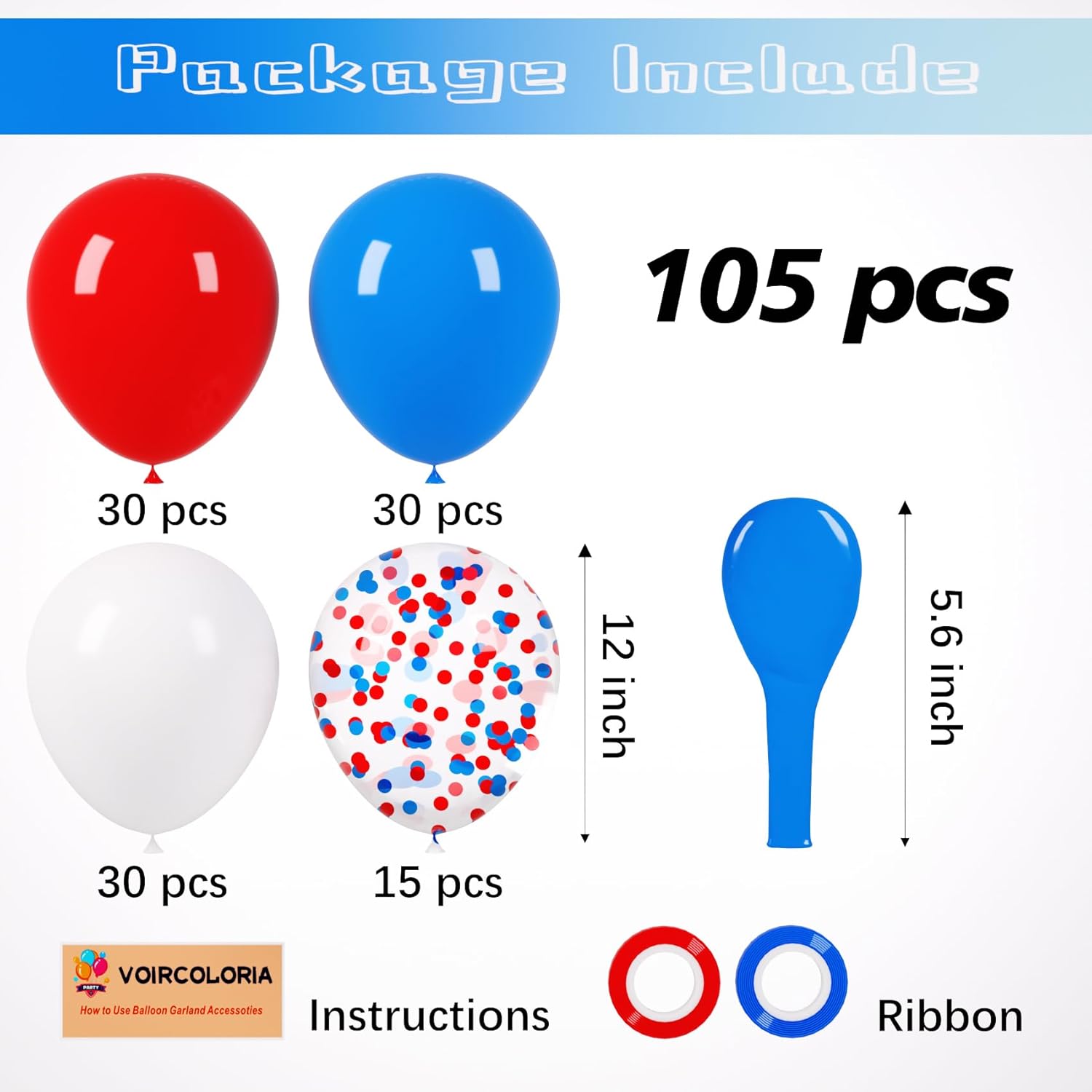 Voircoloria 12-Inch Red, White & Blue Latex Balloons - 105pcs for 4th of July & Graduation Celebrations