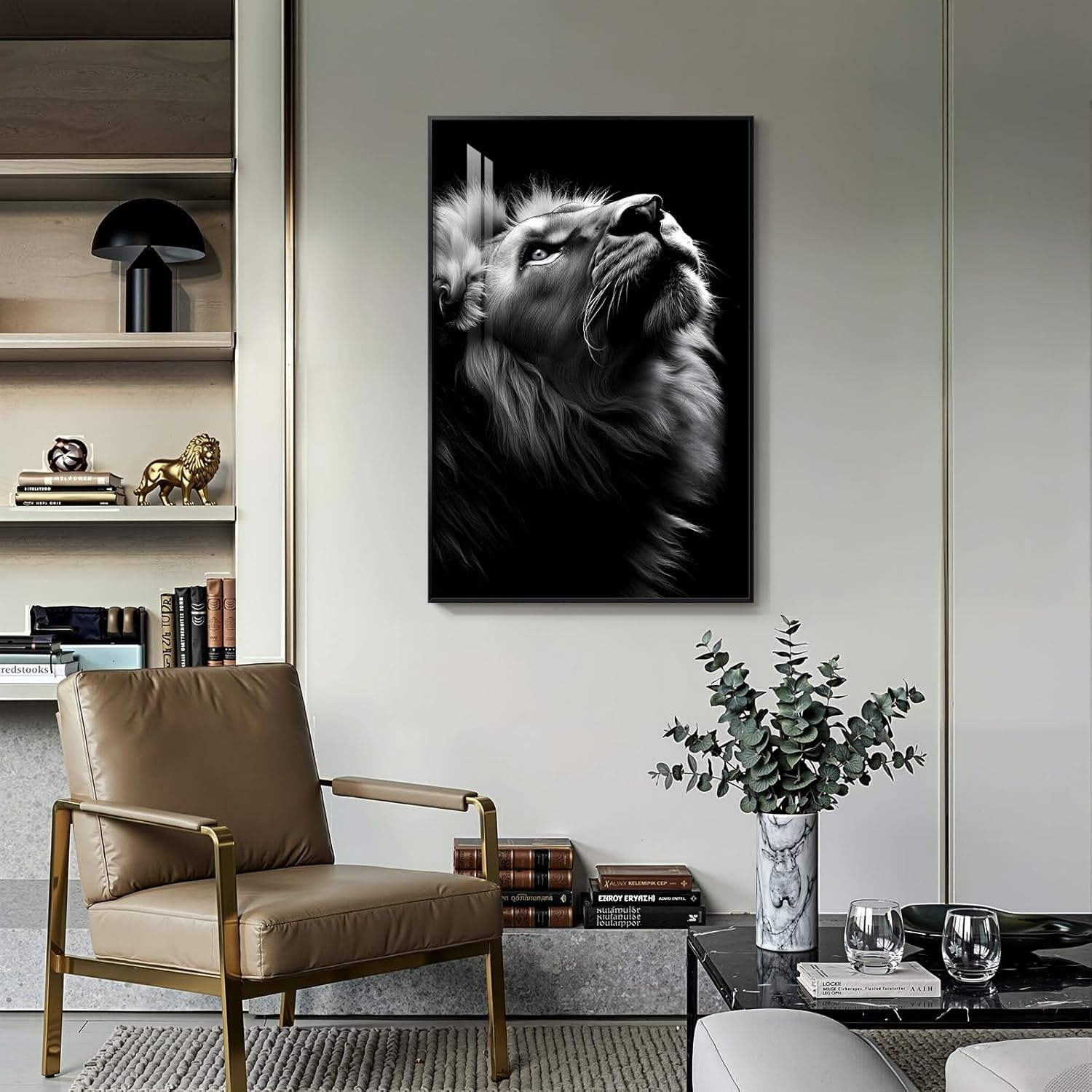 Modern Wall Art - Framed Black and Gray Lion Portrait by [Brand Name] | Minimalist 24x36 In Decor