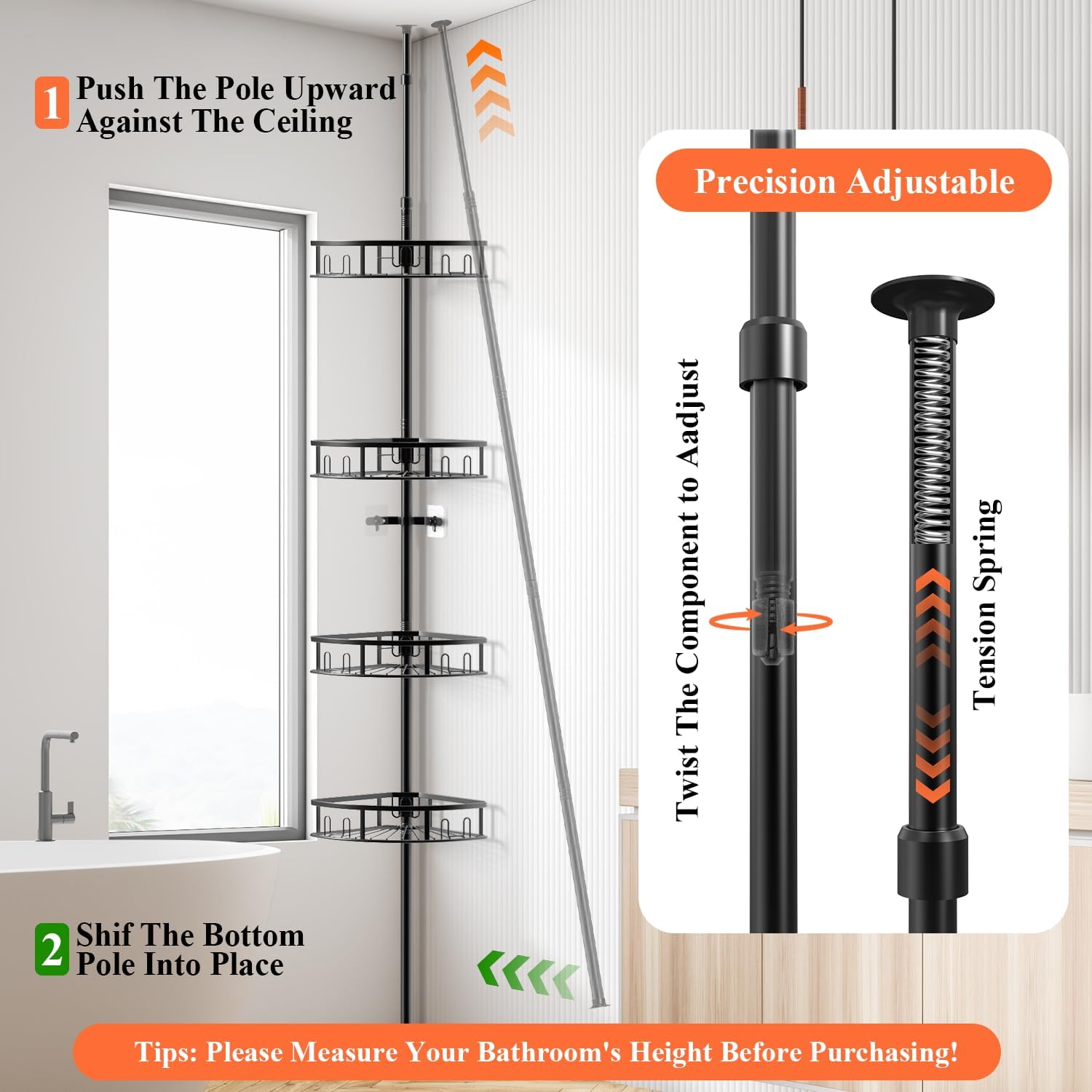 Skiennix 4-Tier Rustproof Corner Shower Caddy - Adjustable Height 42-115 Inch Bathroom Organizer | Black