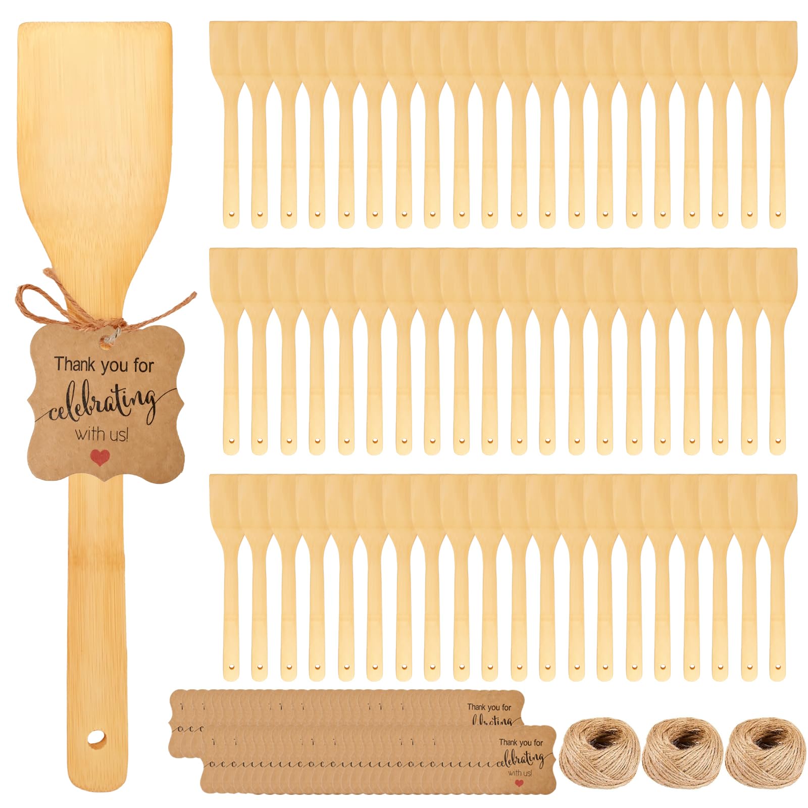 LECEHIVO 60 Sets Bamboo Spatula with Thank You Cards and Hemp Rope 12 Inch Flat Handle Cooking Wok Spatula for Kitchen Utensils Housewarming Party Birthday Wedding