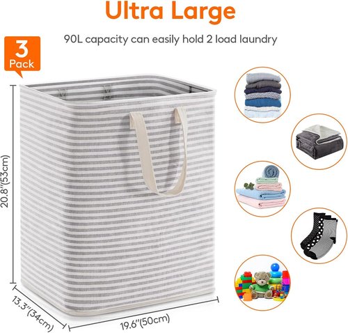 Lifewit 3-Pack Laundry Basket | 90L Collapsible Hamper with Reinforced Handles - Waterproof Grey Design