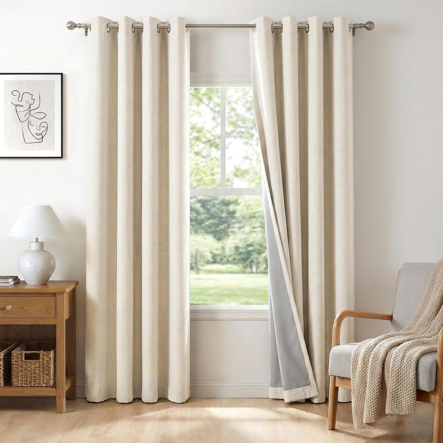 Skiennix 100% Blackout Linen Curtains - Thermal Insulated Drapes for Bedroom & Living Room | 50" W x 84" L, 2 Panels