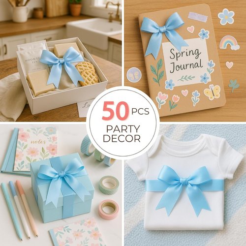 Blue Gift Wrap Bows - 50 Elegant Reusable Bows for Gifts, Parties, Weddings & Holidays - Light Blue