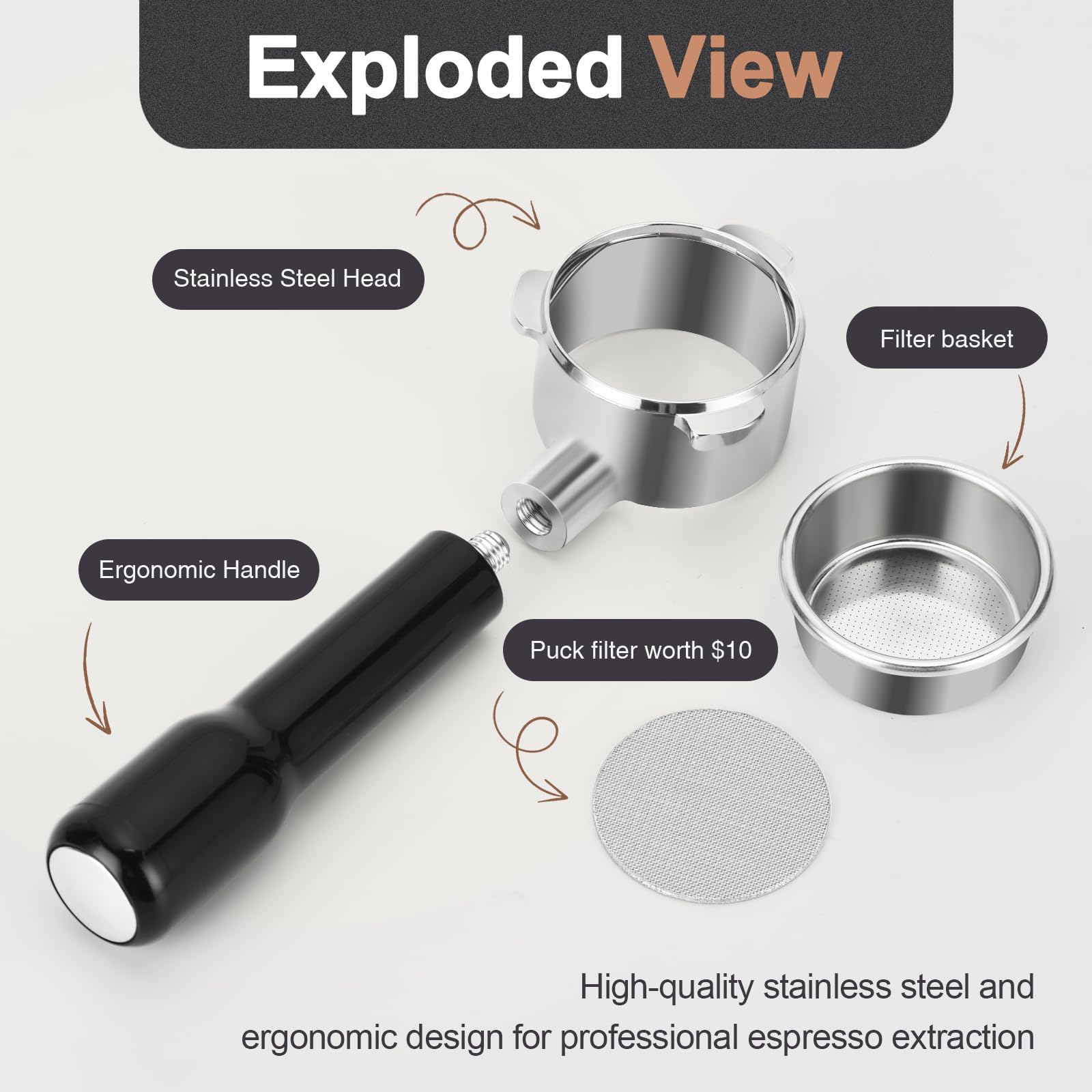 WhaleSiper Bottomless Portafilter 54mm Compatible with Breville BES870/880 & Solis etc., 3-Ear Stainless Head