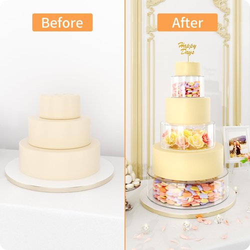 NPPLUS 3PCS Clear Acrylic Cake Stand, Fillable Cake Box Riser Cake Tier, Round Cake Display Box with Lid, Decorative Centerpiece Box for Wedding Birthday Party (14" Dx4 H,10" Dx4 H,6" Dx4 H)