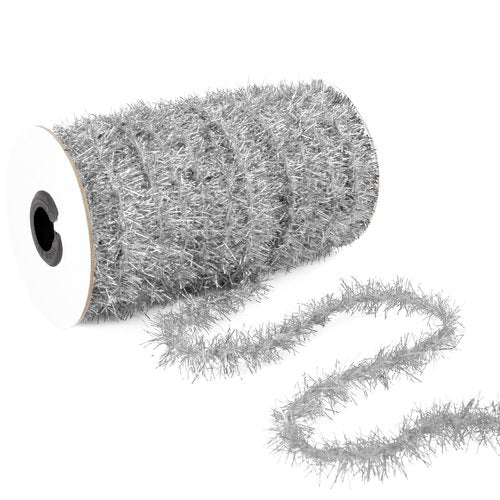 Silver Tinsel Christmas Tree Garland - 50 Yards Halloween Glitter Ribbon for Xmas, Birthday, Sparkly Decorations