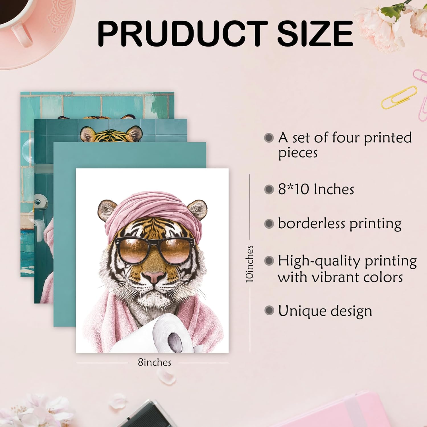 Poecinvi Pink Tiger Bathroom Wall Art Prints - Trendy 8x10 Animal Decor Set of 4 for Washroom